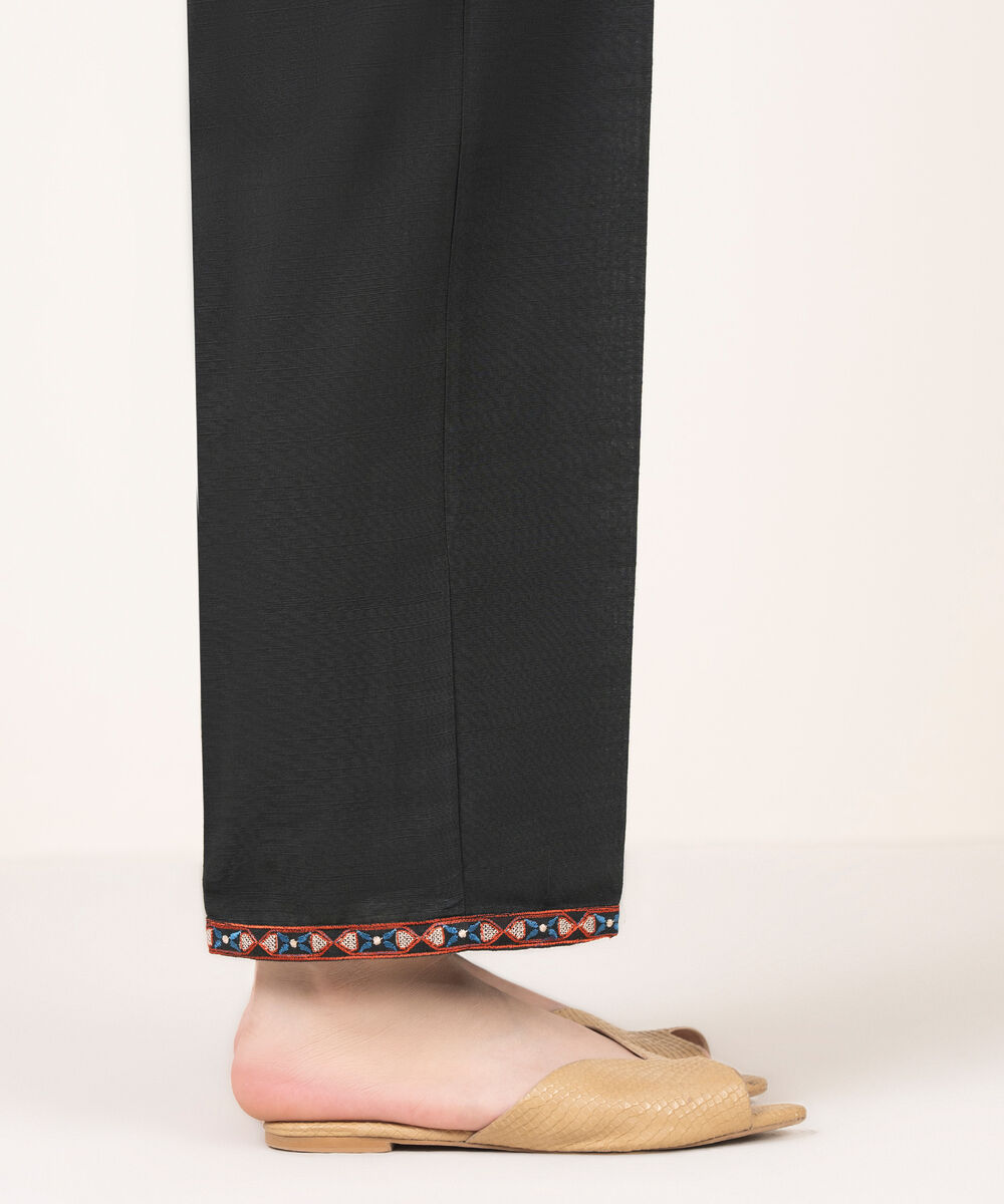 Women's RTW Light Khaddar Embroidered Black Straight Pants