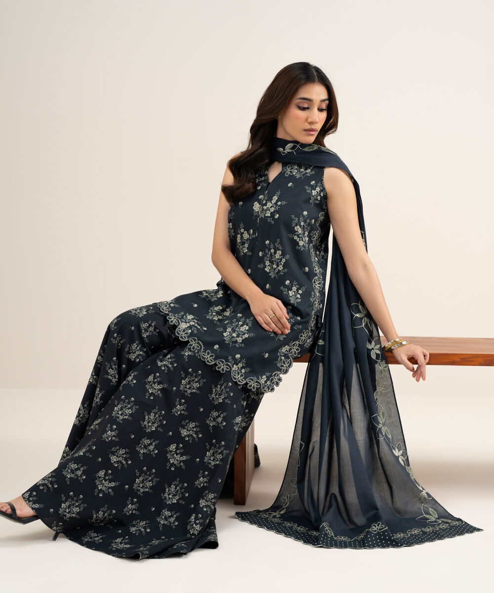 Women's Unstitched Lawn Embroidered Black and Off White 3 Piece Suit