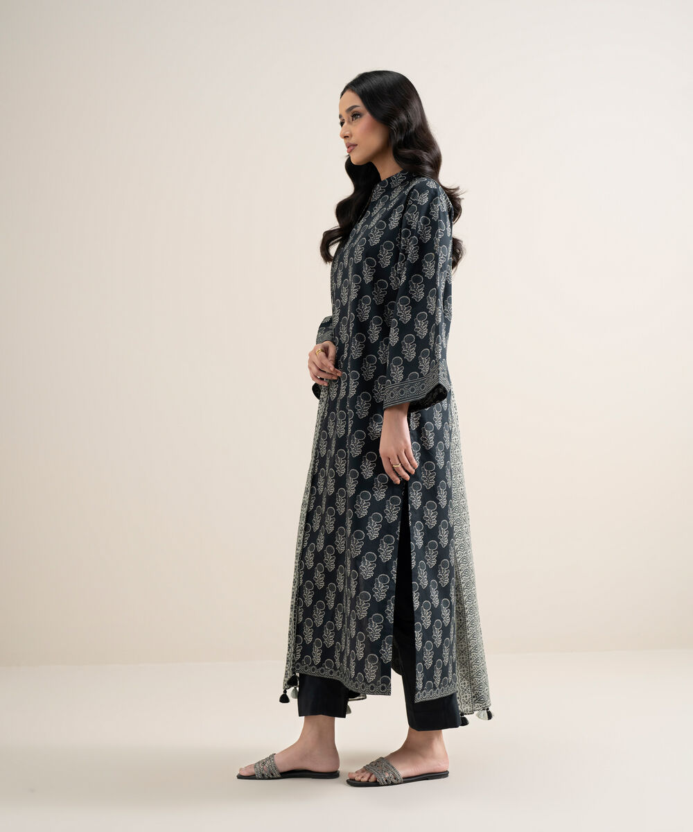 Women's Unstitched Lawn Printed Off White and Black 3 Piece Suit