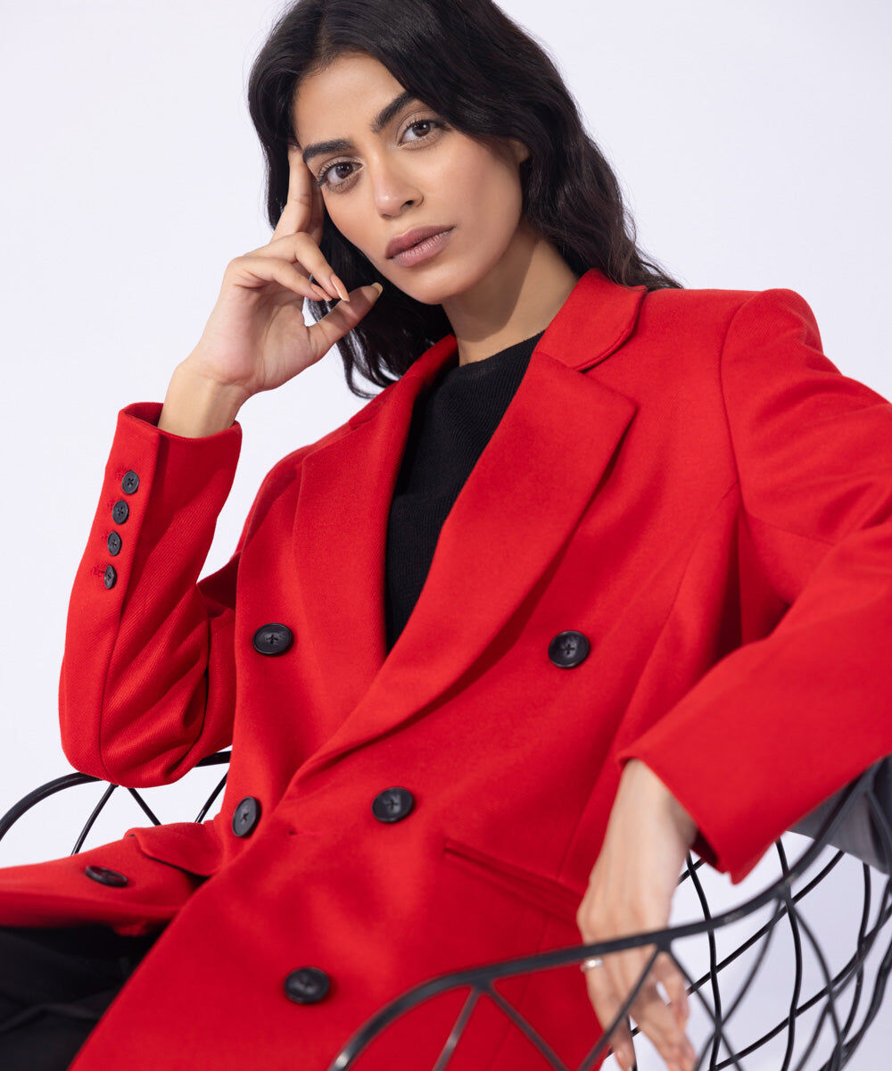 Woman - Red Double Breasted Long Coat