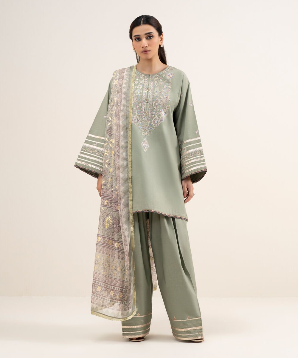 Women's Unstitched Lawn Embroidered Green 3 Piece Suit