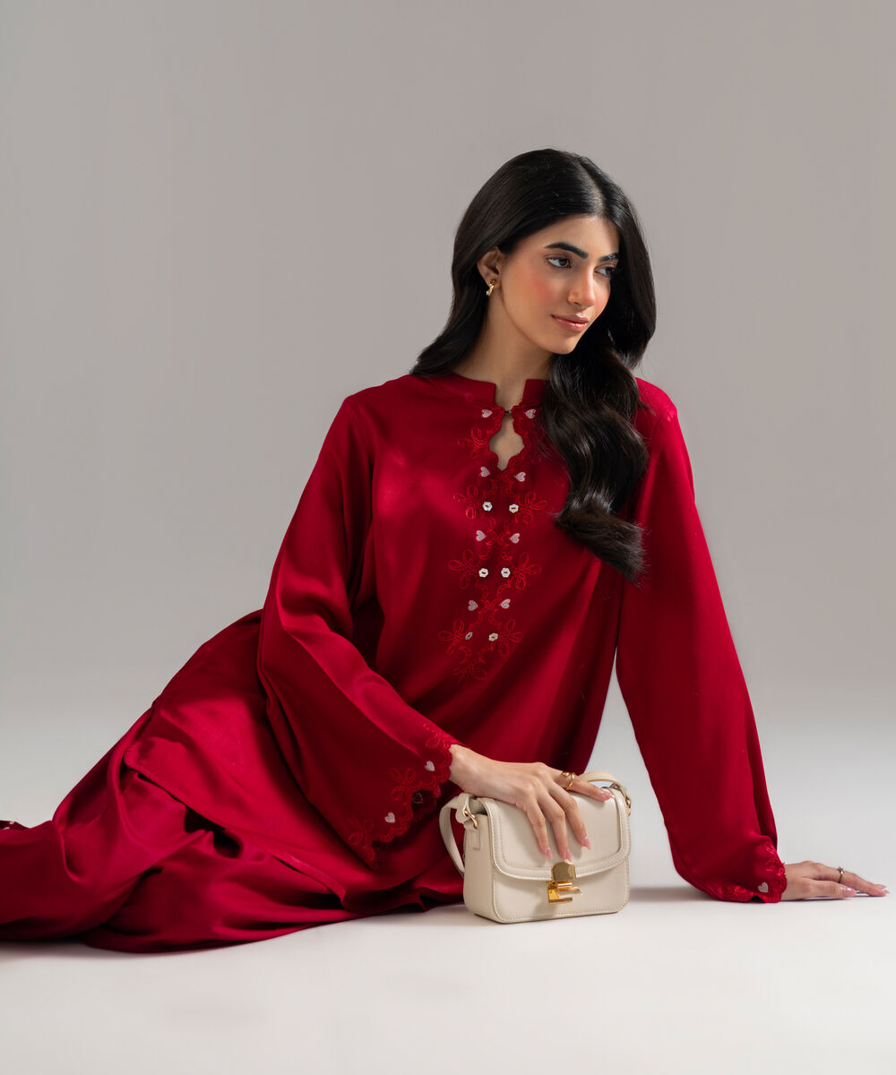 Women's RTW Bedford Solid Embroidered Red Straight Shirt