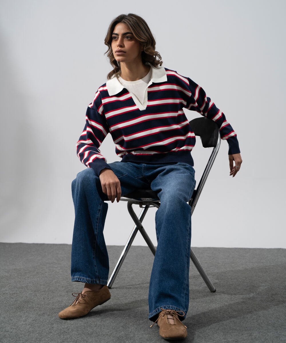 Women's Western Wear Navy Blue And Red Striped Polo Neck Sweater