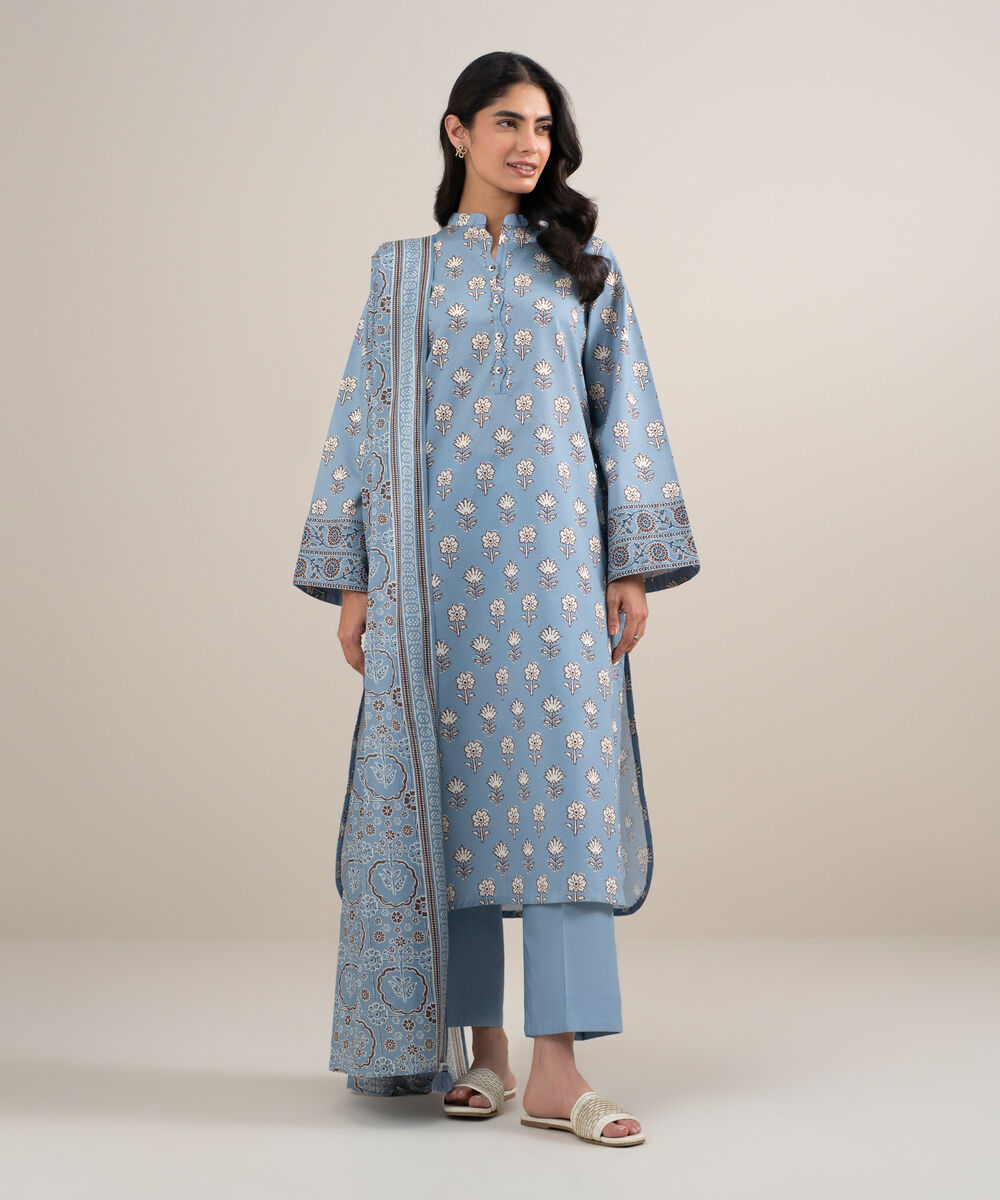 Women's Unstitched Lawn Printed Ice Blue 3 Piece Suit