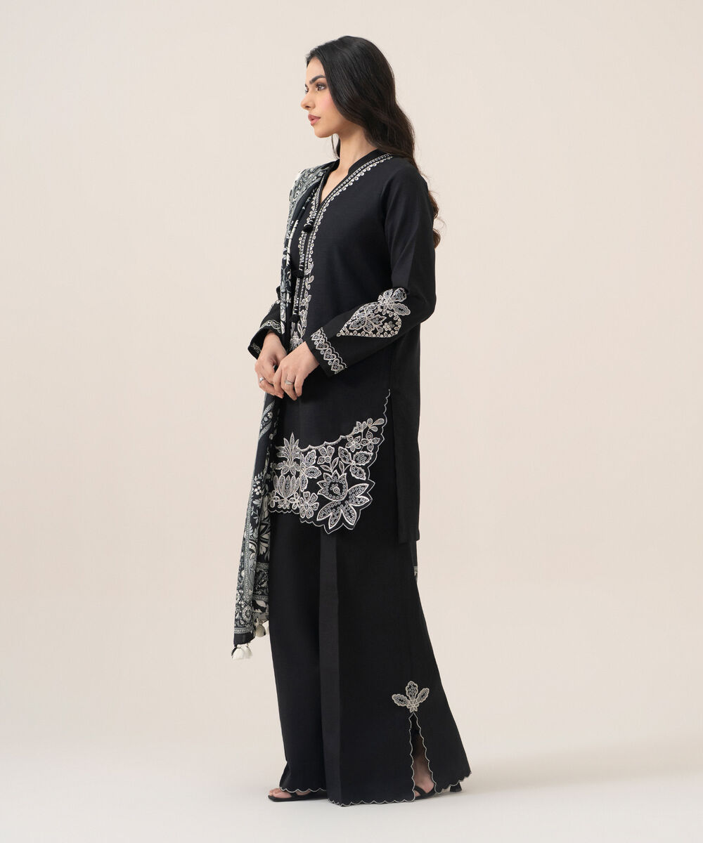 Women's Unstitched Lawn Embroidered Black 3 Piece Suit