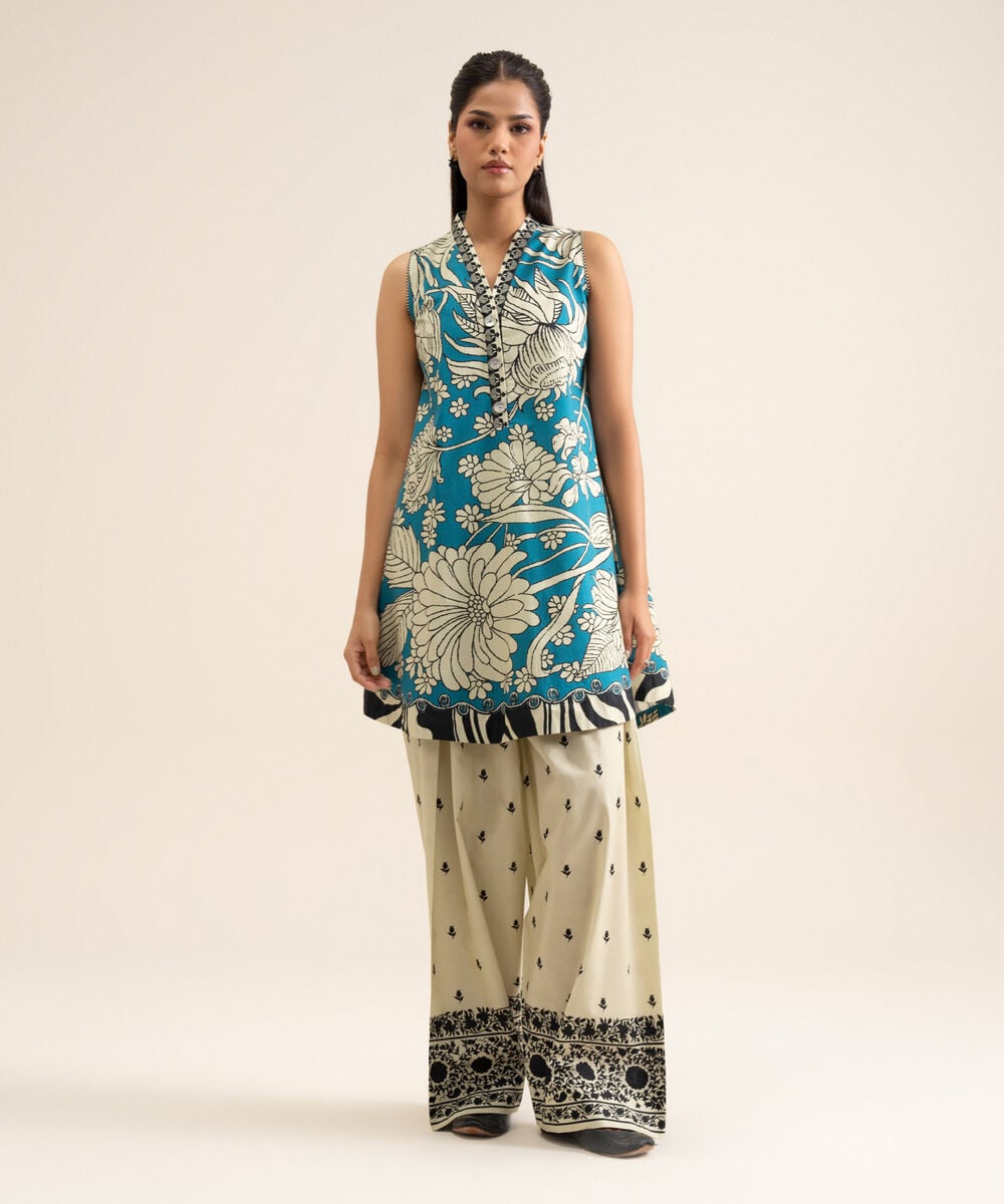 Women's Unstitched Premium Khaddar Printed Blue & White 1 Piece Suit