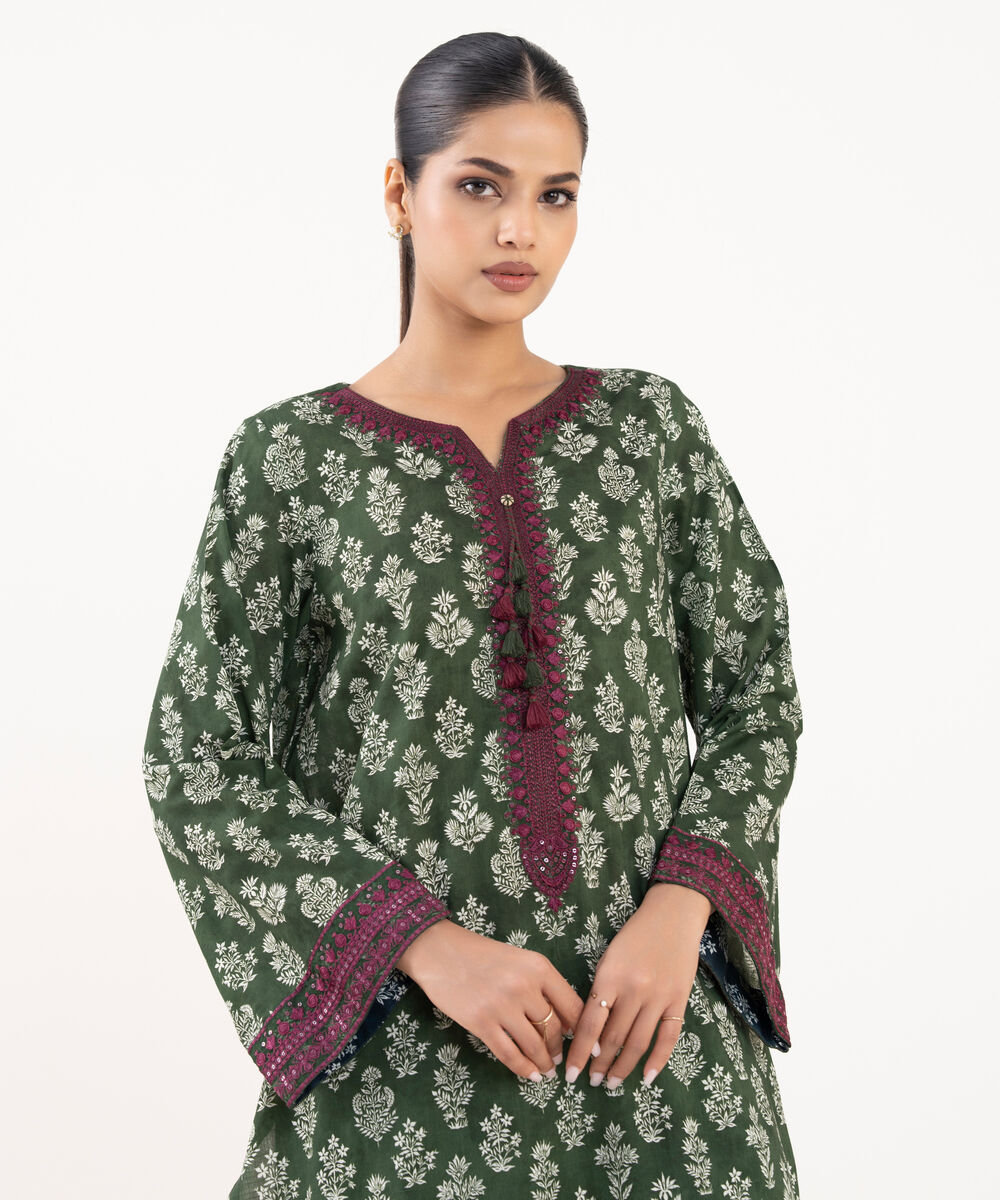 Women's RTW Lawn Viscose Green Embroidered A-Line Shirt