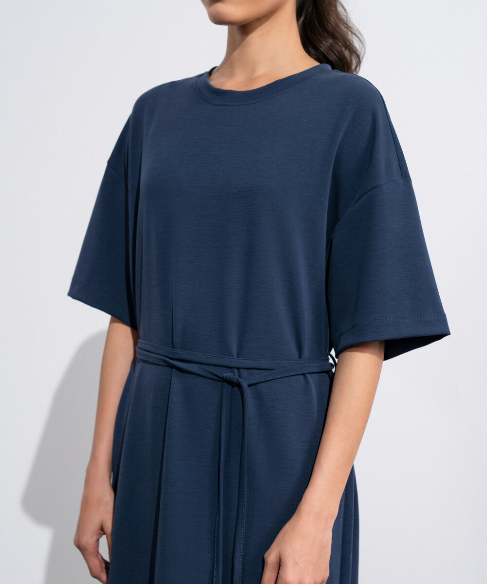 Women's Western Navy Blue Soft Lux  T-Shirt Dress With Belt