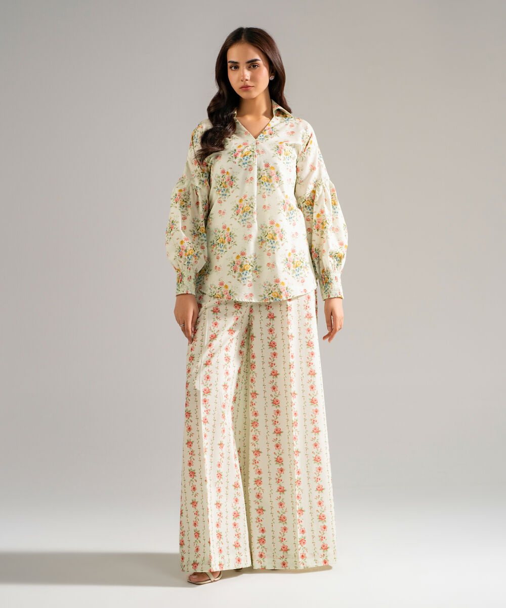 Women's RTW Slub Lawn Printed Mint Green Drop Shoulder Shirt