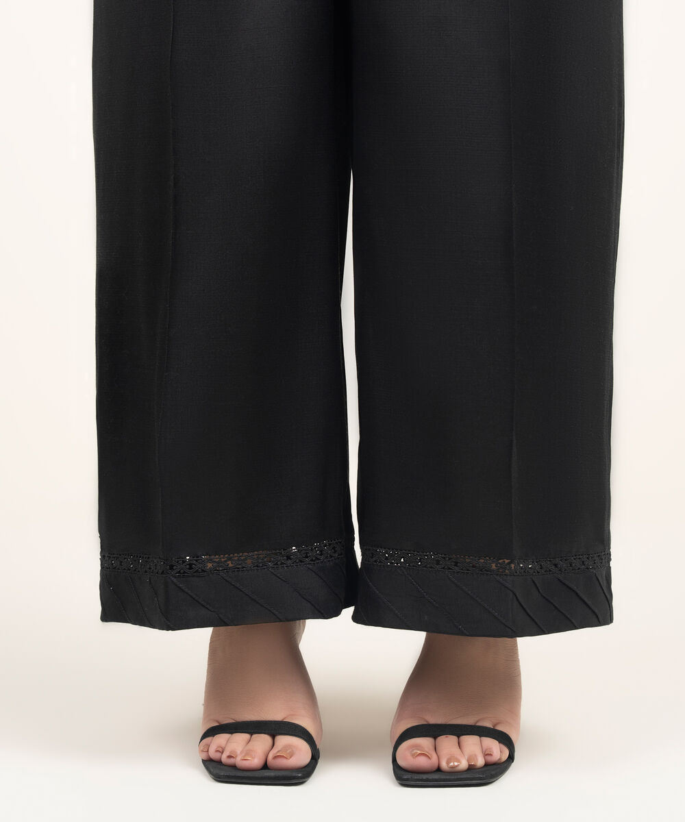 Women's RTW Viscose Raw Silk Solid White Straight Pants