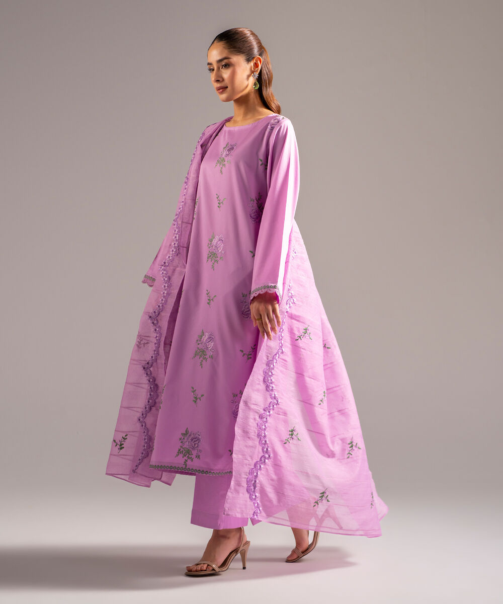Women's RTW Cotton Satin Embroidered Lavender 3 Piece Suit