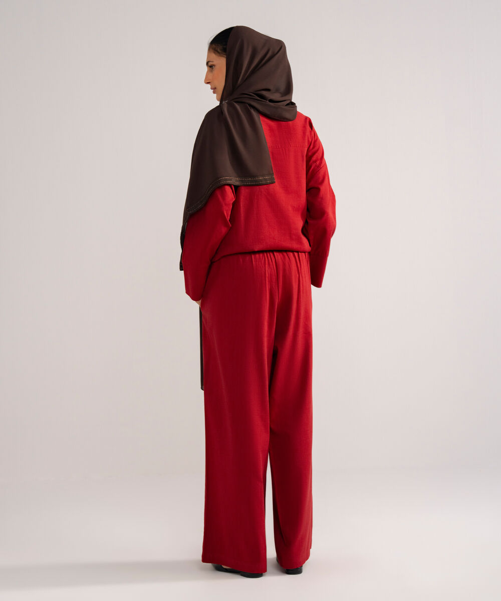 Women's Burnt Red Loose-Fit  Pleated Pants