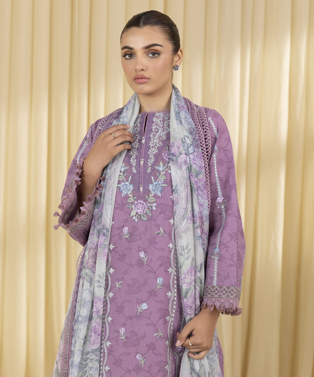 Unstitched Women's Purple Cotton Jacquard 3 Piece Suit