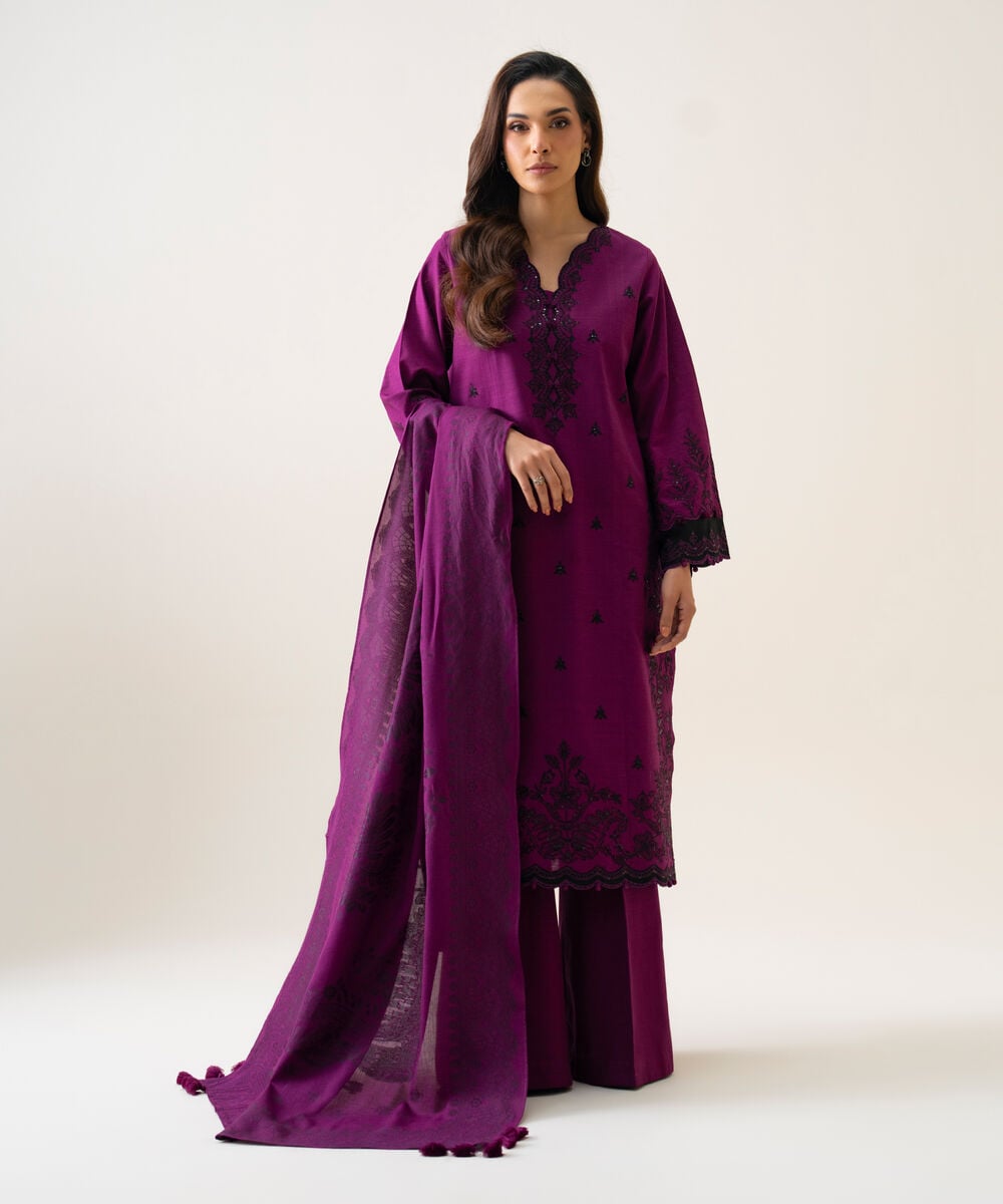 Women's Unstitched Light Khaddar Embroidered Plum 3 Piece Suit