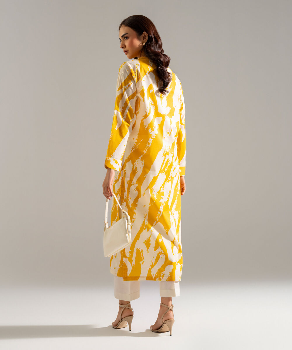 Women's RTW Slub Lawn Printed Yellow Straight Shirt