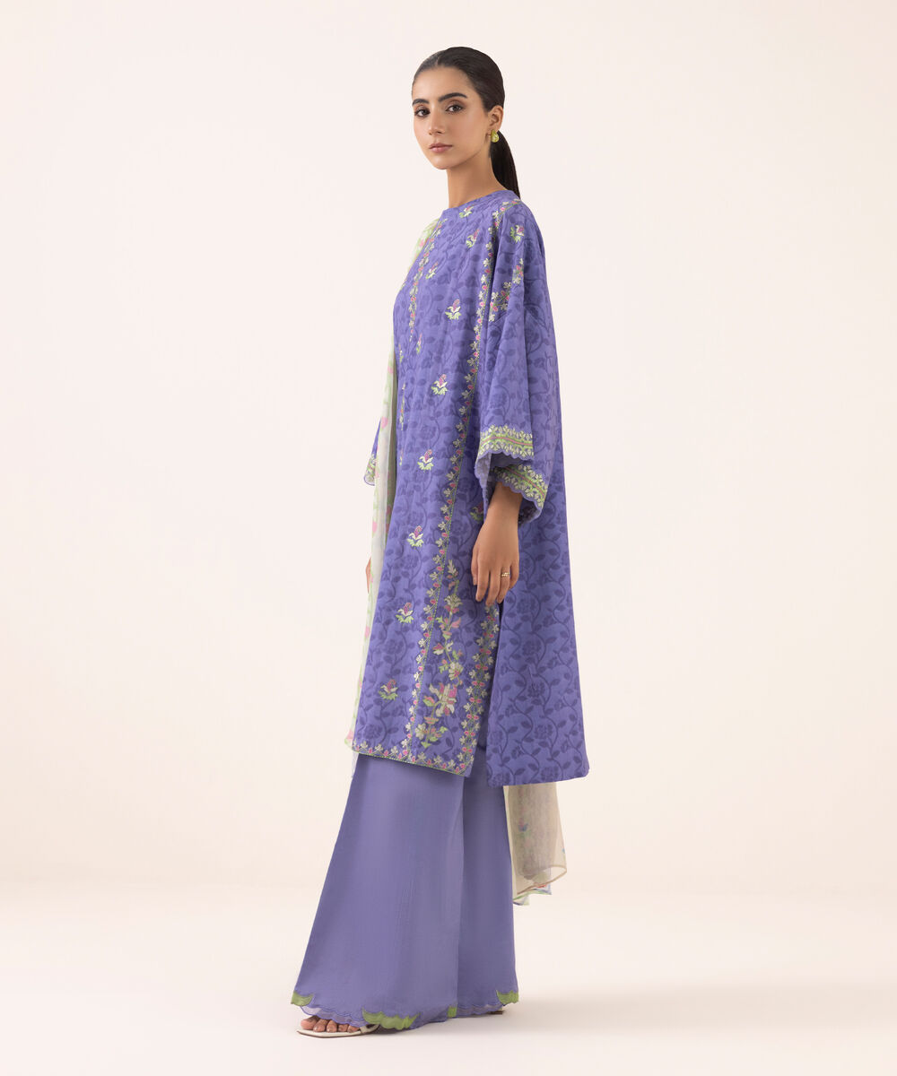 Women's Unstitched Jacquard Embroidered Purple Three Piece Suit