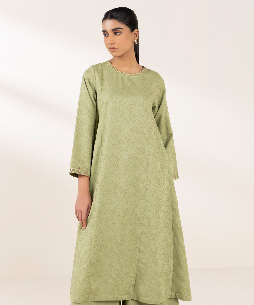 Woman - Green Embroidered Cotton Jacquard Shirt