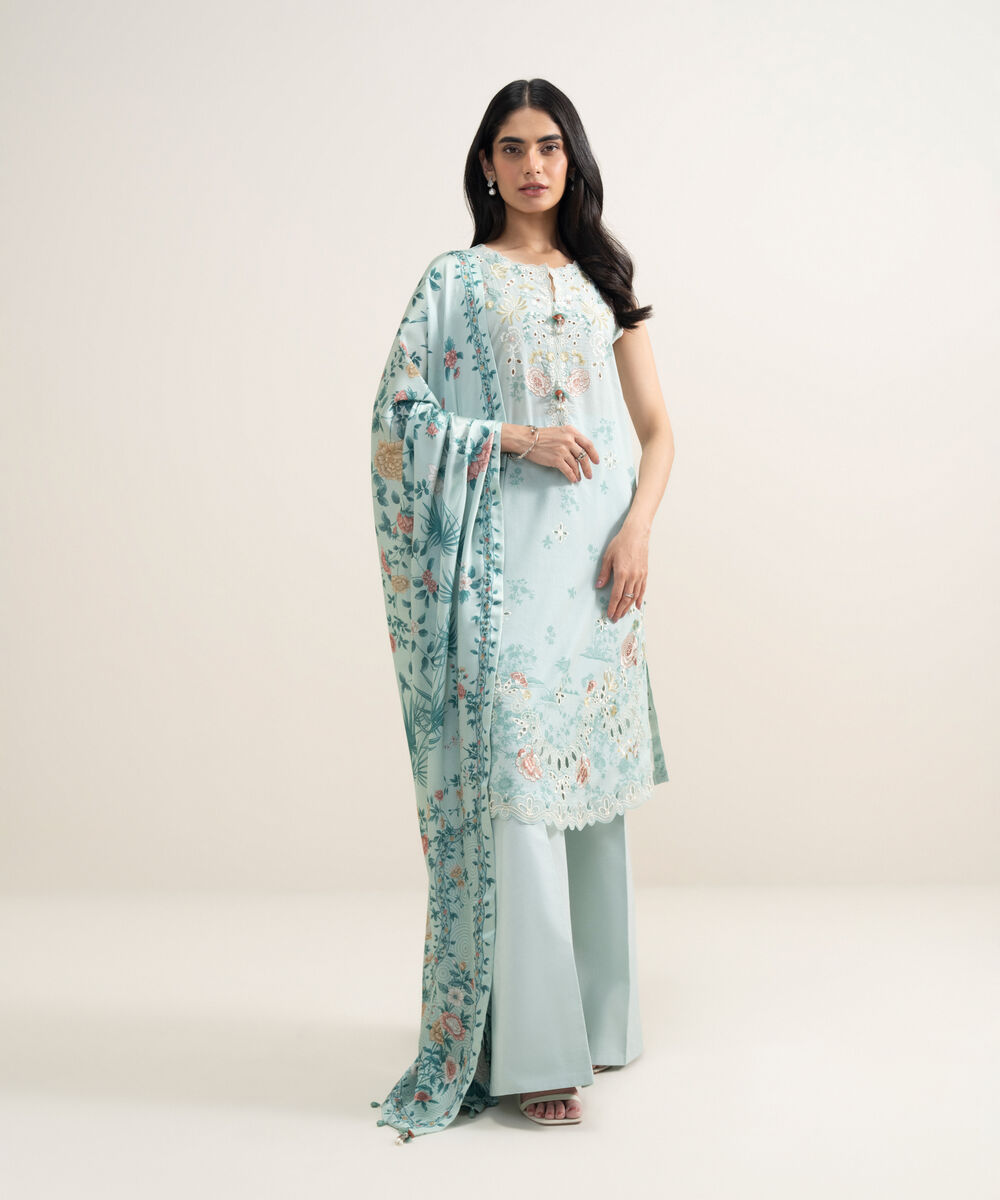 Women's Unstitched Lawn Embroidered Aqua 3 Piece Suit