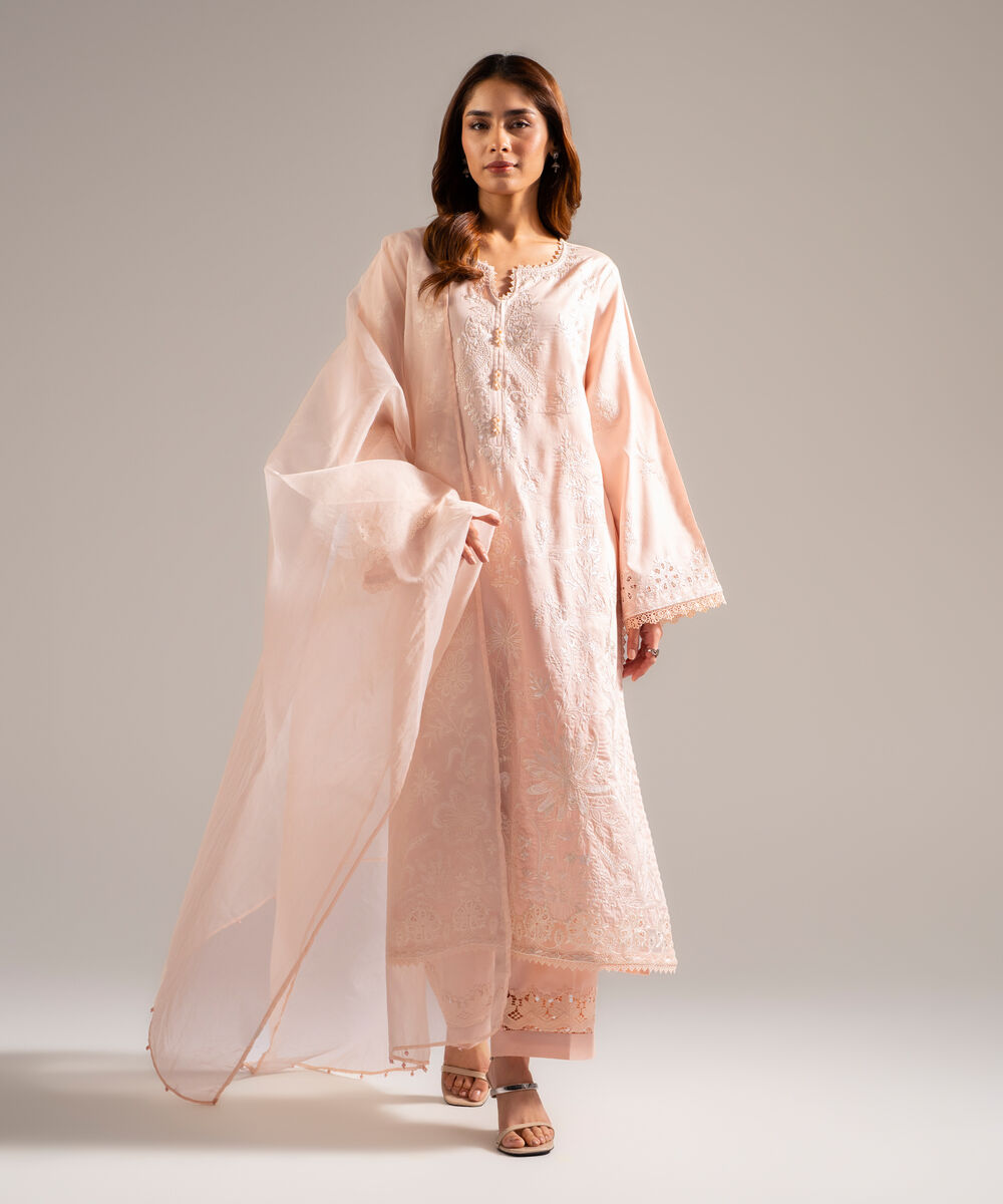 Women's RTW Dobby Embroidered Light Pink 3 Piece Suit