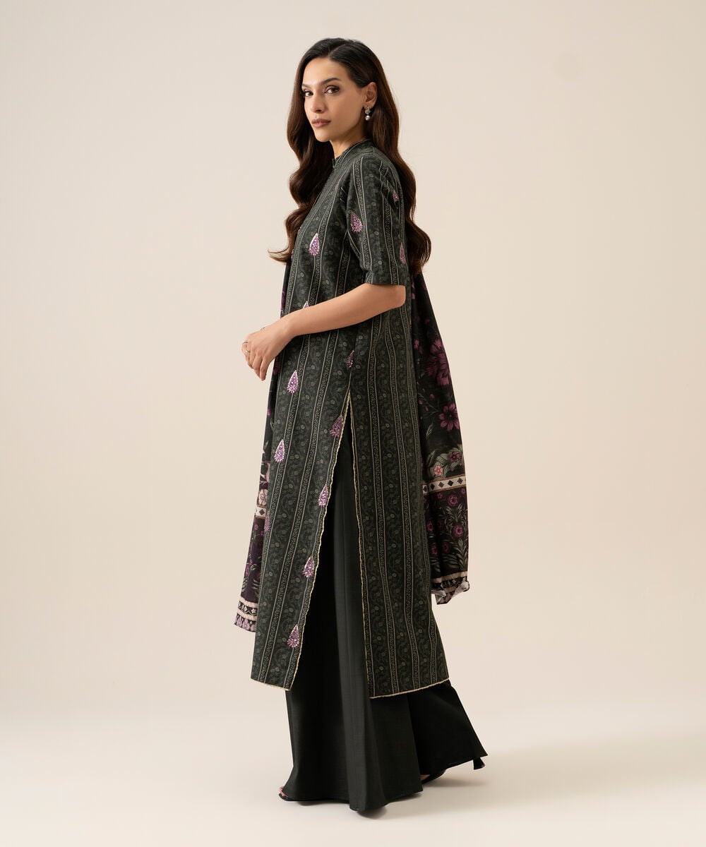 Women's Unstitched Light Khaddar Embroidered Black 3 Piece Suit
