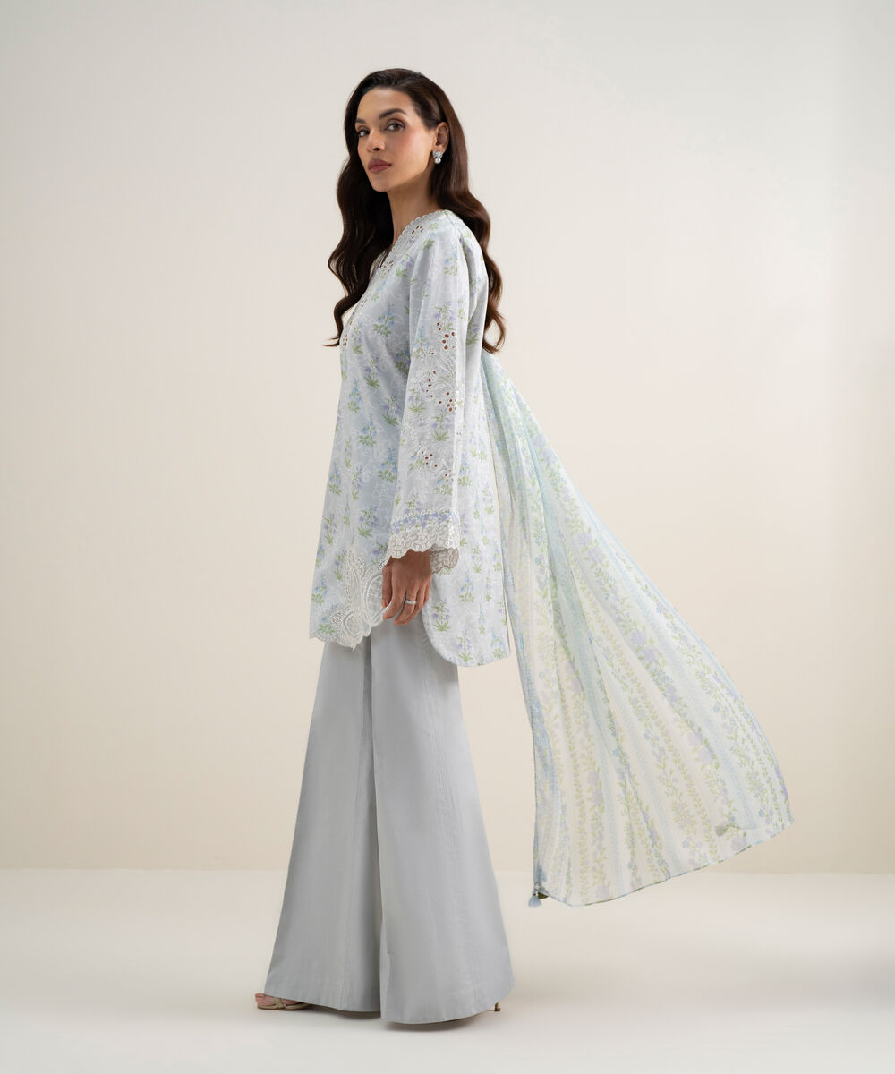 Women's Unstitched Lawn Embroidered Light Grey 3 Piece Suit