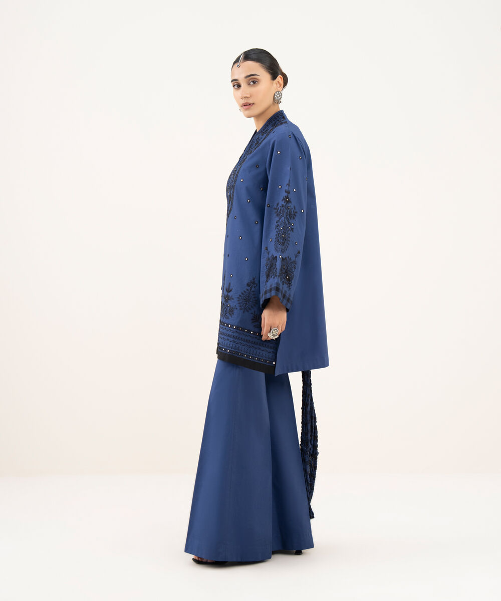 Women's Unstitched Lawn Embroidered Blue 3 Piece Suit