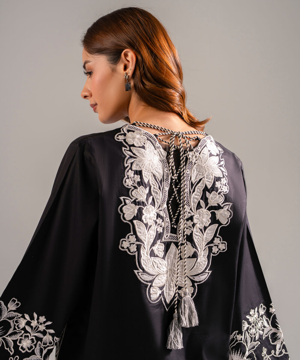 Women's RTW Cotton Satin Embroidered Black 2 Piece Suit