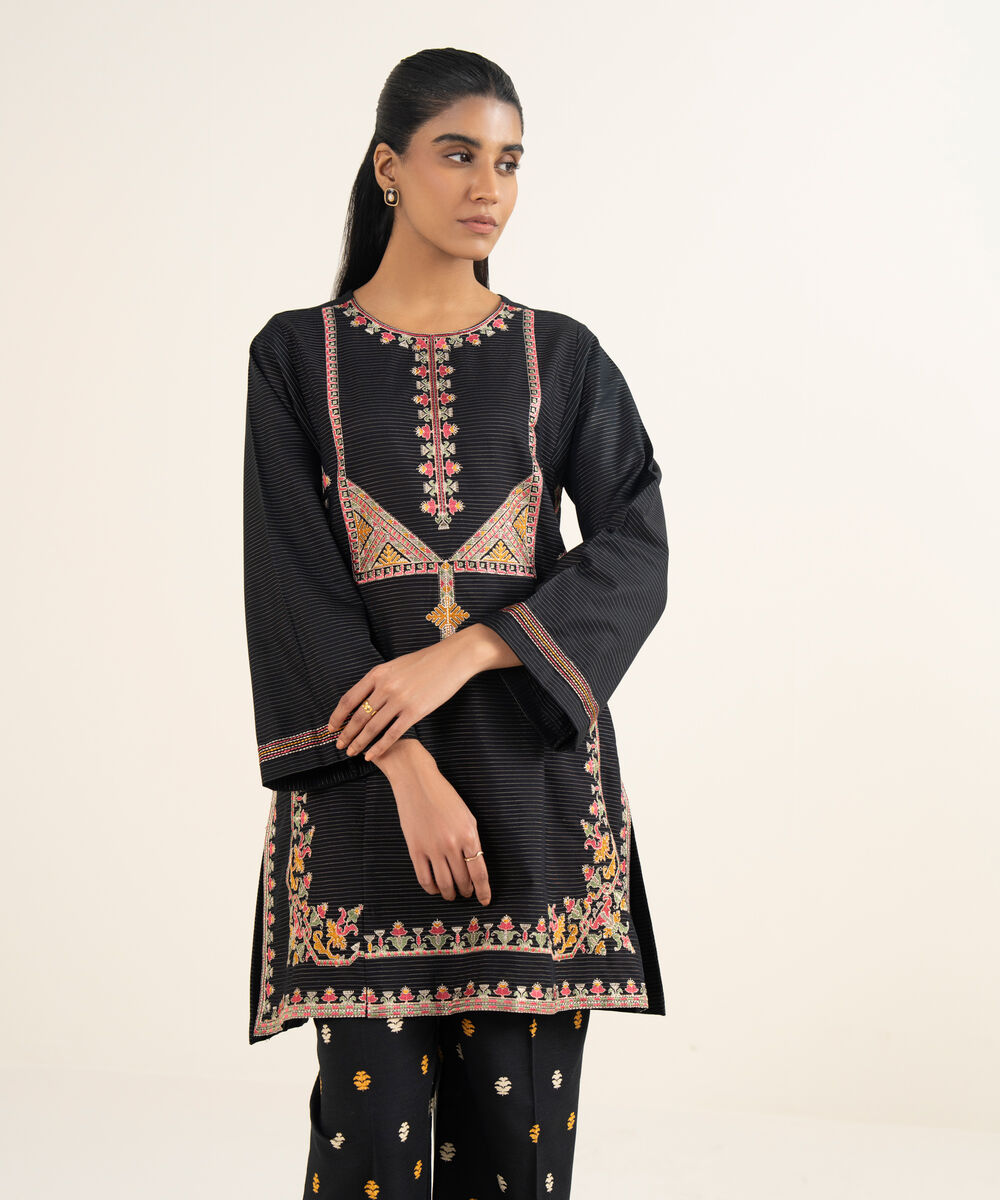 Women's RTW Light Khaddar Embroidered Black Boxy Shirt