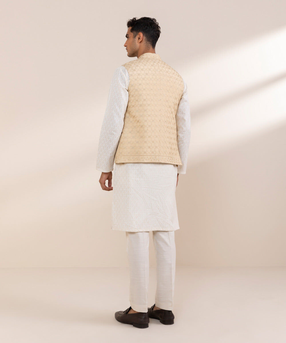 Man - Beige Embroidered Raw Silk Waistcoat