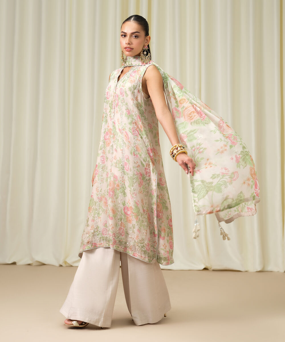 Women's Unstitched Blended Chiffon Embroidered Beige 3 Piece Suit