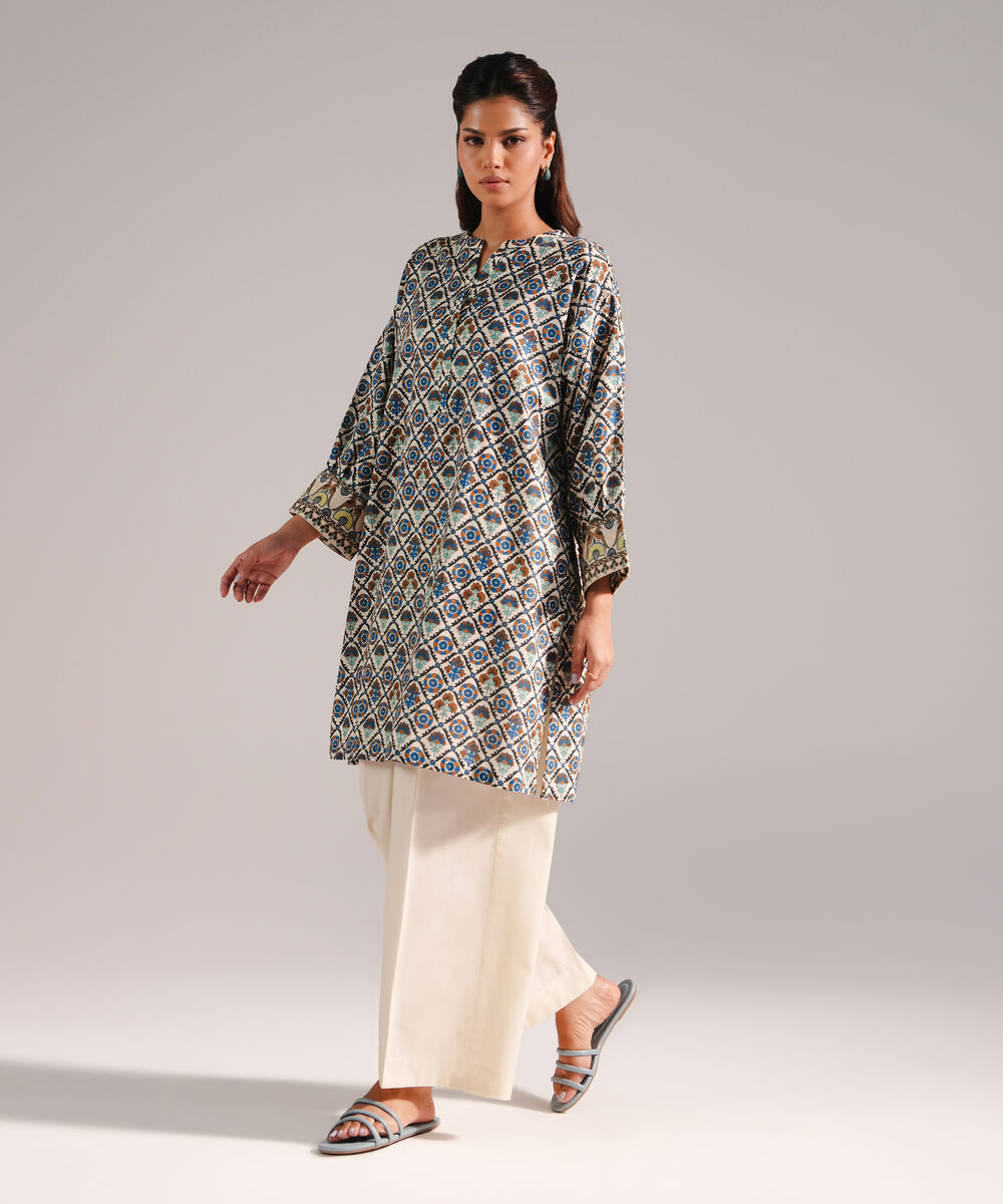 Women's RTW Dobby Printed Beige Straight Shirt