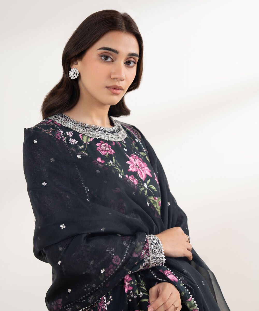 Women's RTW Viscose Linen Embroidered Black 3 Piece Suit