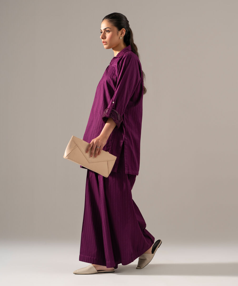 Women's RTW Dobby Strip Solid Purple 2 Piece Suit
