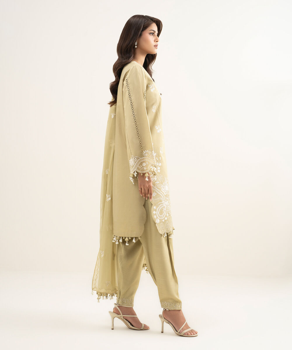 Women's Unstitched Cotton Net Embroidered Green 3 Piece Suit