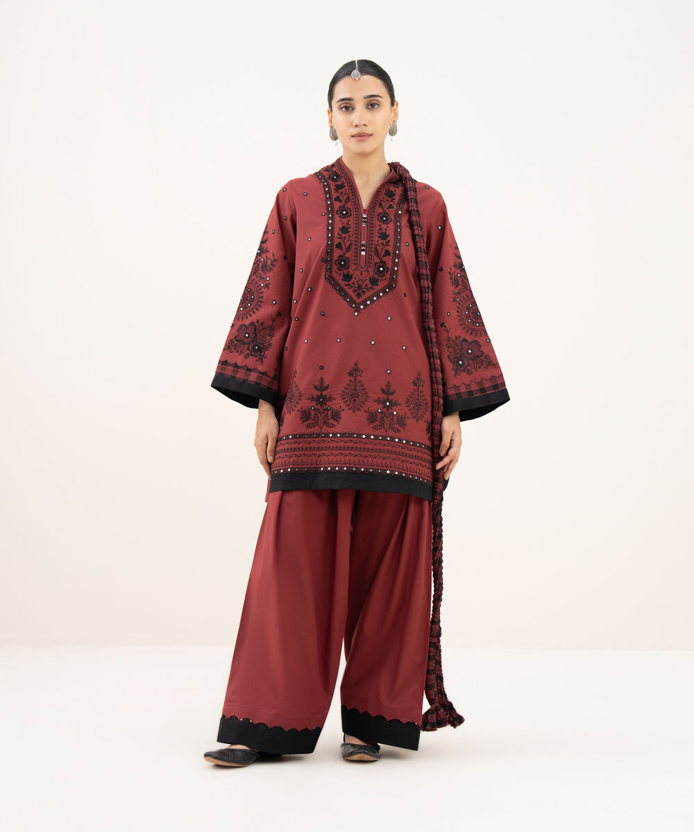 Women's Unstitched Lawn Embroidered Maroon 3 Piece Suit