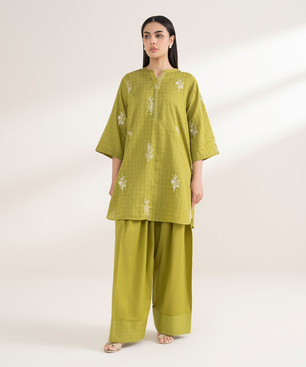 Women's RTW Textured Cotton Embroidered Boxy Green Shirt