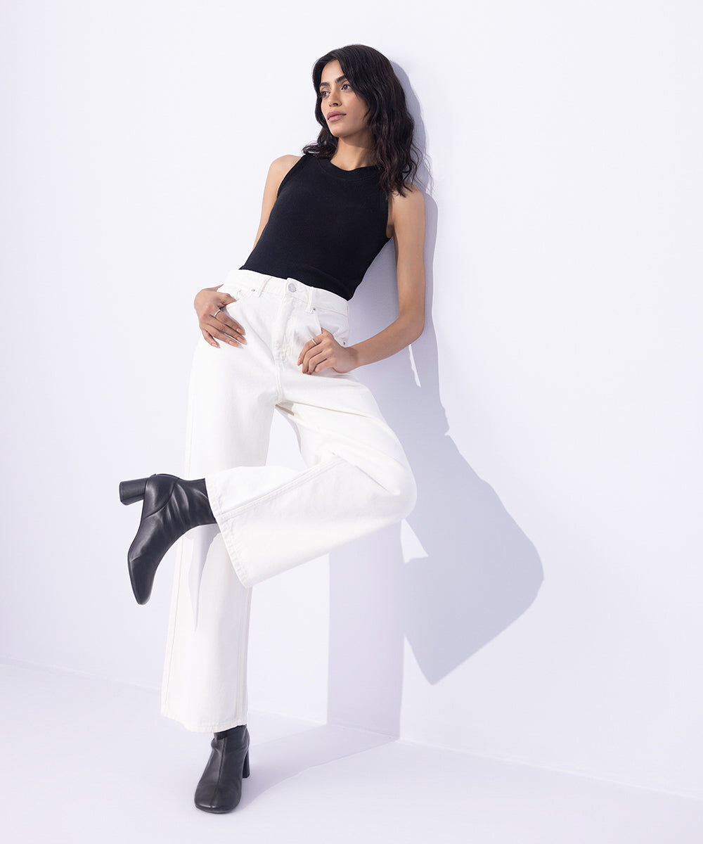 Woman - Off White Cropped Wide Leg Jeans