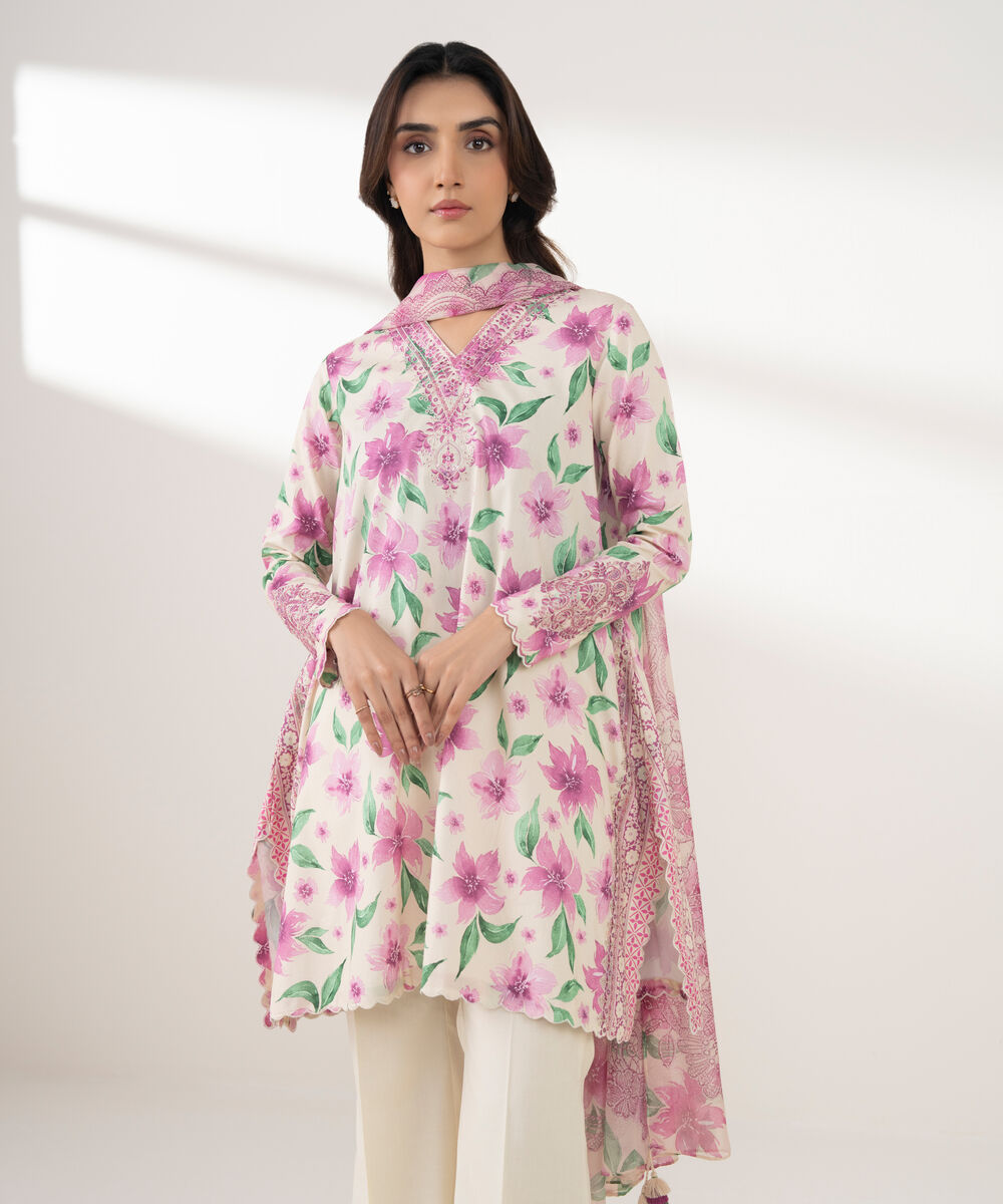 Women's Unstitched Lawn Embroidered Pink 3 Piece Suit