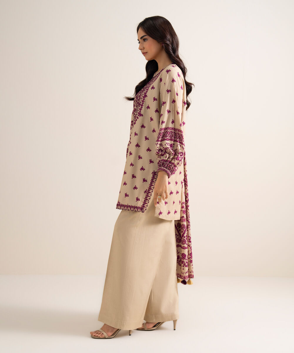 Women's Unstitched Embroidered Linen Beige 3 Piece Suit