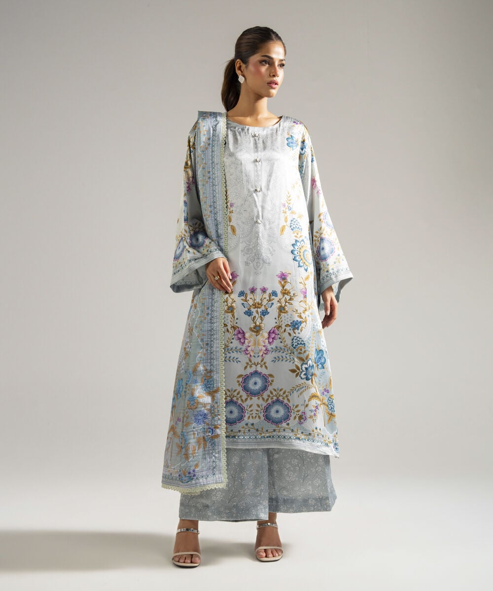 Women's RTW Blended Satin Printed Grey 3 Piece Suit