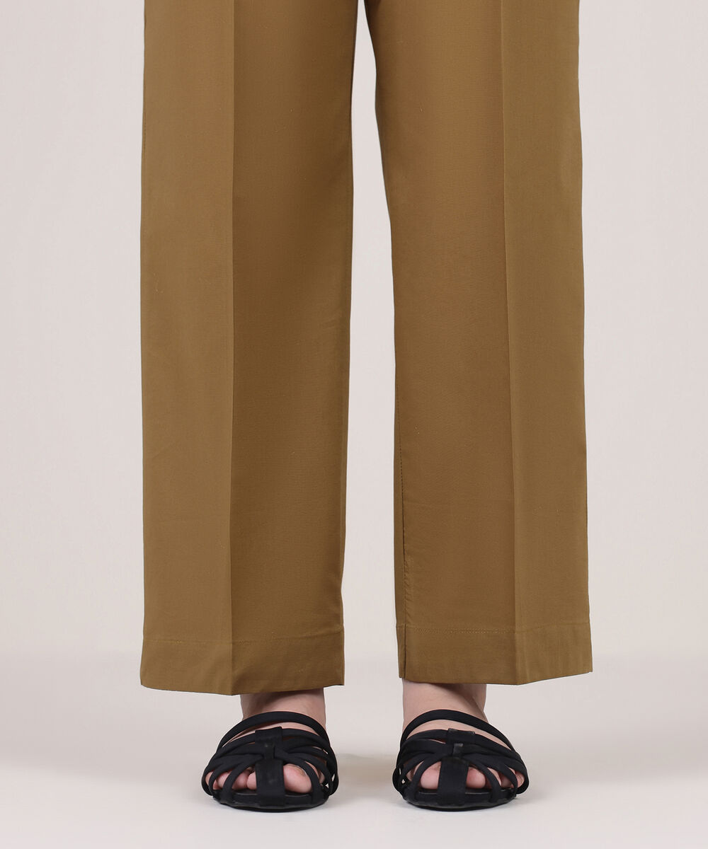 Women's RTW Cambric Brown Solid Straight Pants