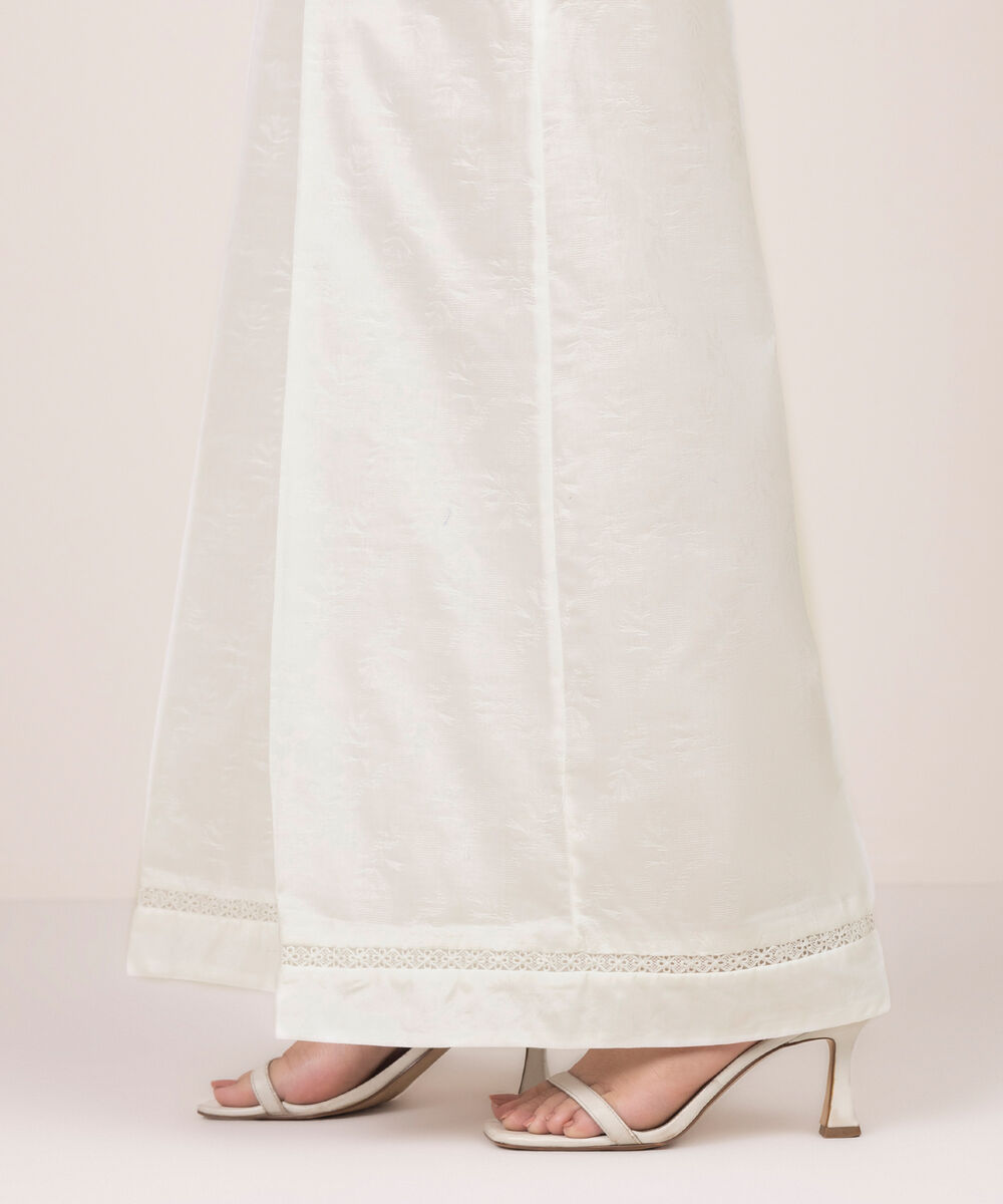 Women's RTW Self Jacquard Solid White Flared Pants