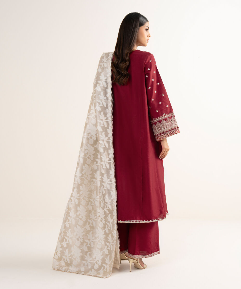 Women's RTW Silk Cotton Net Red Embroidered 3 Piece Suit