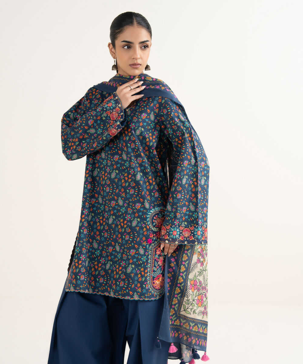 Women's Unstitched Lawn Printed Blue 3 Piece Suit