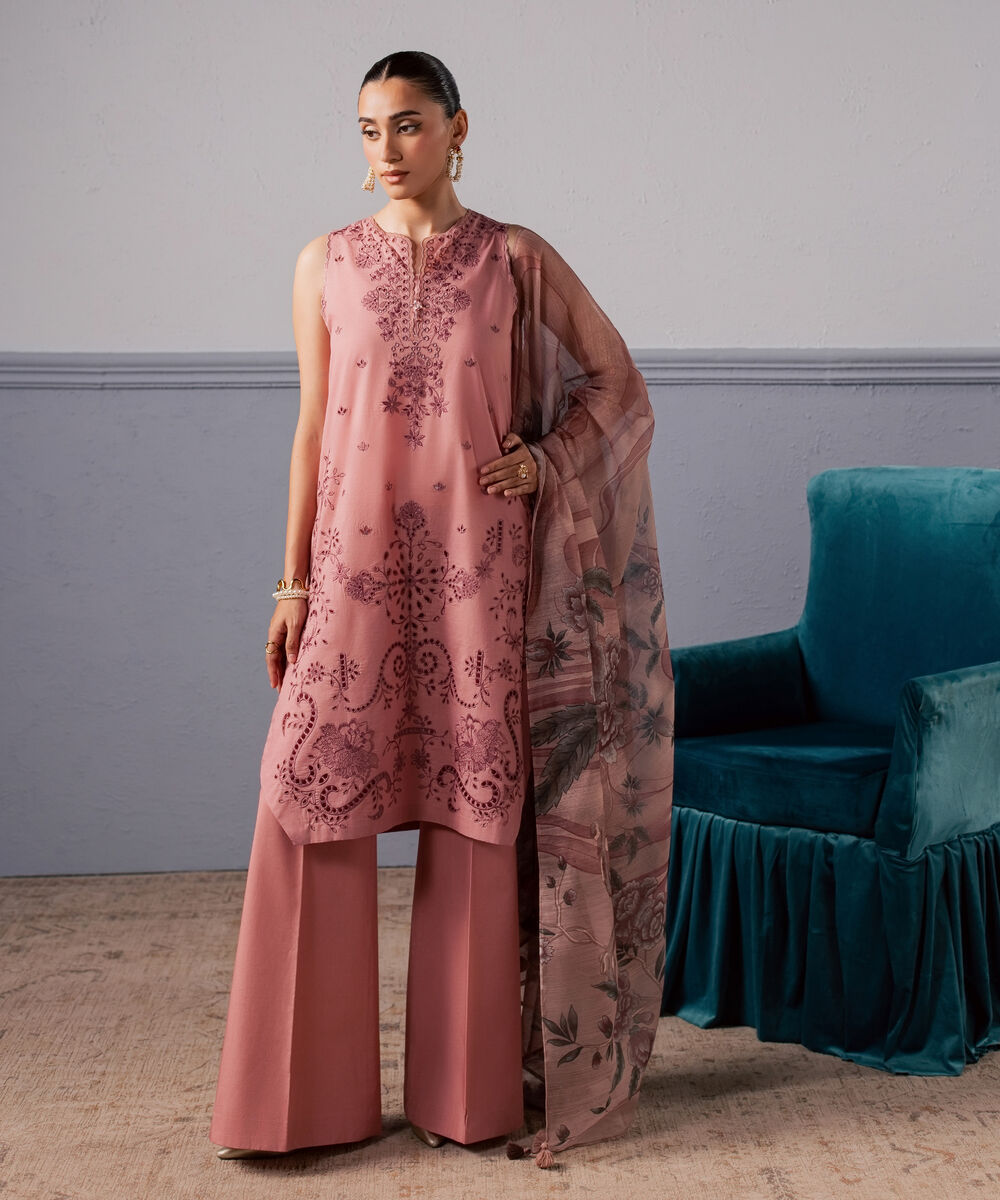 Women's Unstitched Slub Lawn Embroidered Pink 3 Piece Suit