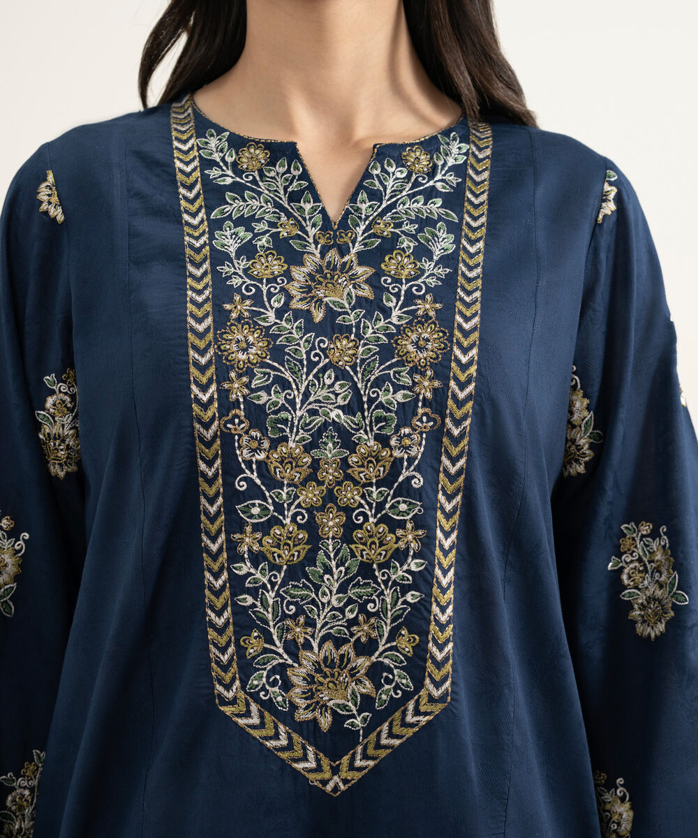 Women's RTW Self Jacquard Embroidered Blue Straight Shirt