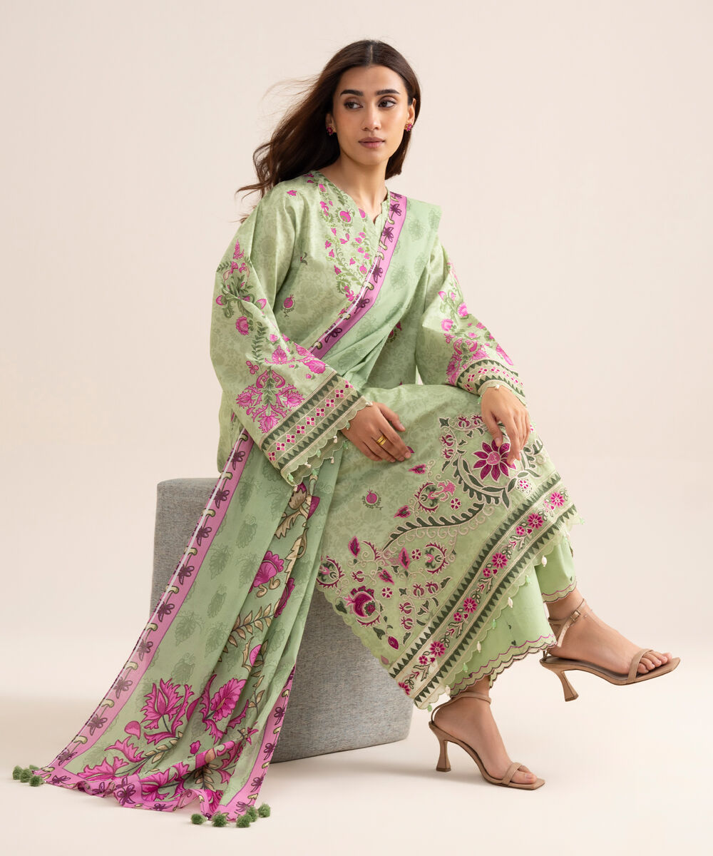 Women's Unstitched Lawn Embroidered Green 3 Piece Suit