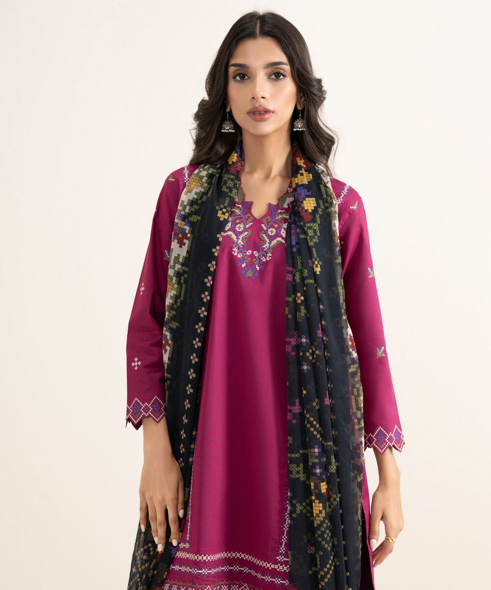 Women's Unstitched Textured Lawn Embroidered Pink 3 Piece Suit