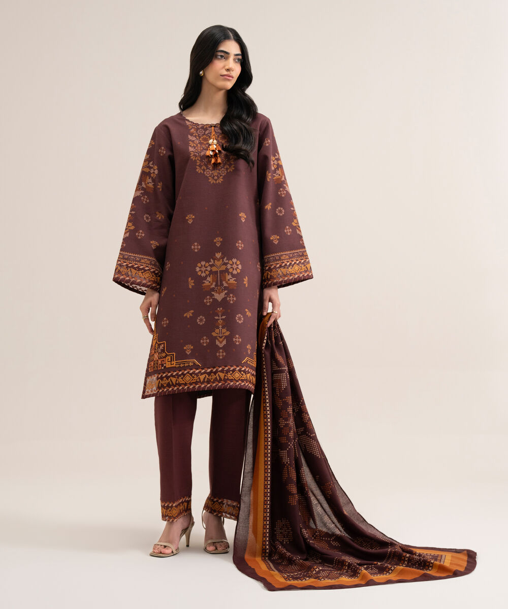 Women's Unstitched Cotton Printed Brown 3 Piece Suit