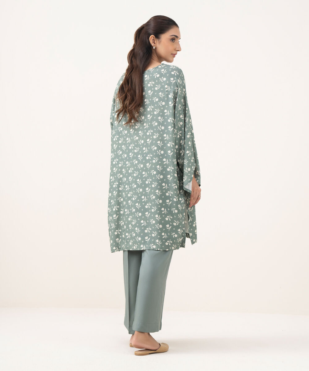 Women's RTW Linen Viscose Printed Grey Drop Shoulder Shirt